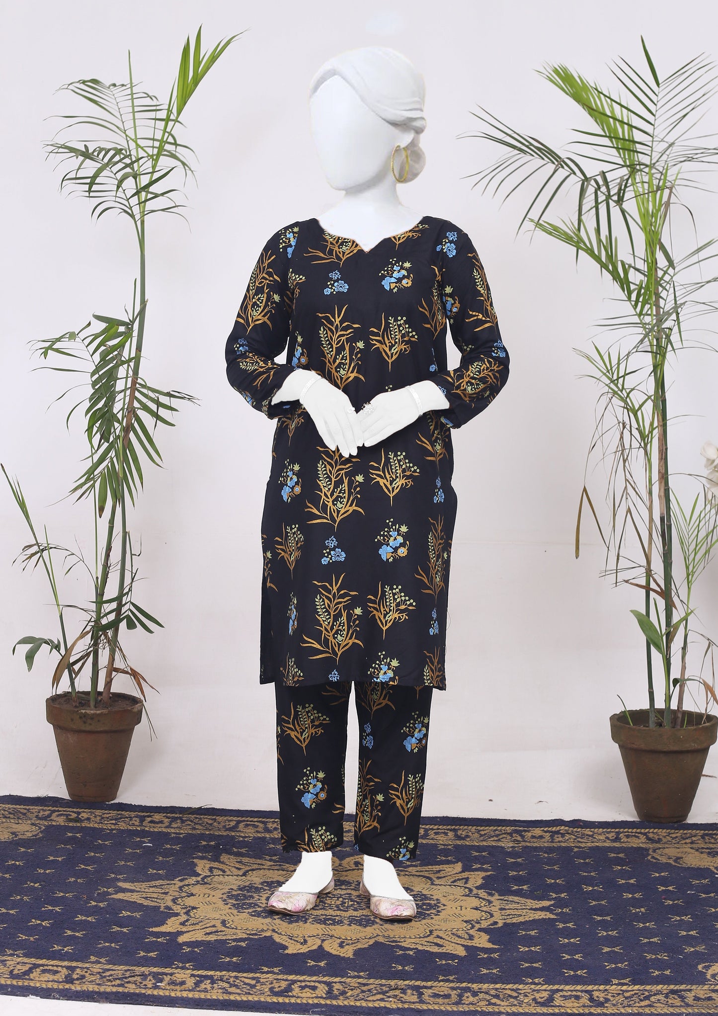 Eshal Black two piece  with Floral Block Printing in linen stuff