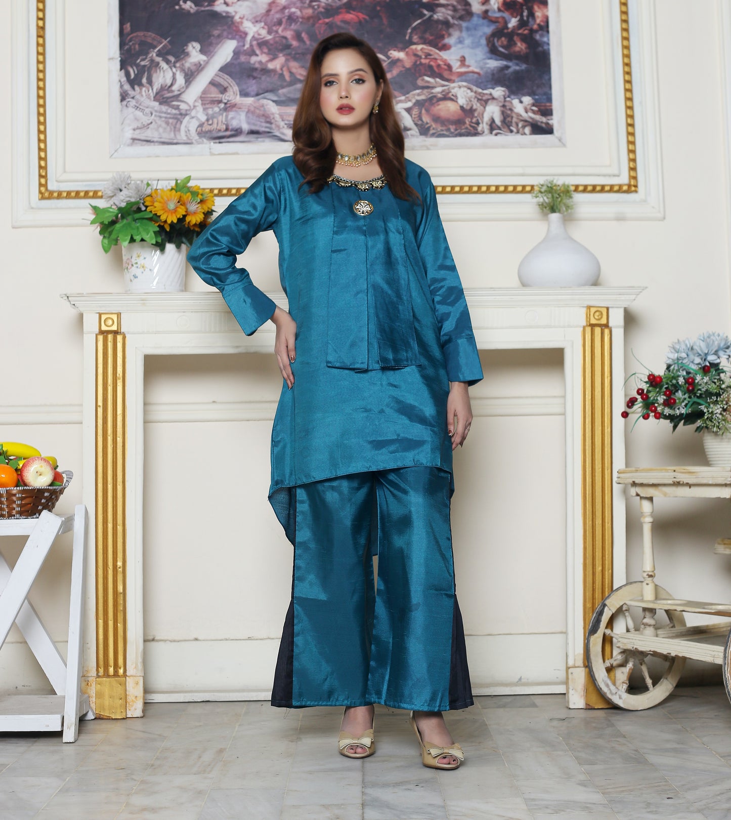 fareeh tale top style tow piece in crystel china silk