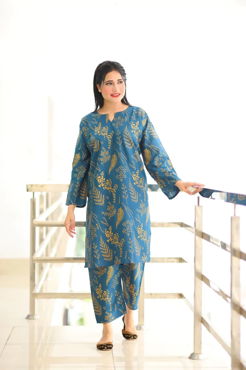 Petal print two pc Stitched Suit